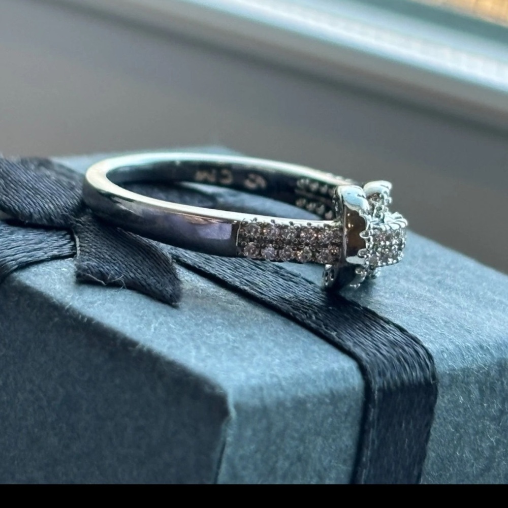 White Gold Plated CZ Infinity Knot Buckle Ring Size 6 | Pavé Statement Ring - Picture 9 of 10